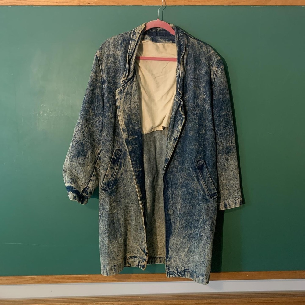 Vintage 90s Oversized Acid Wash Blue Denim Jacket Mens Medium Longline Trench